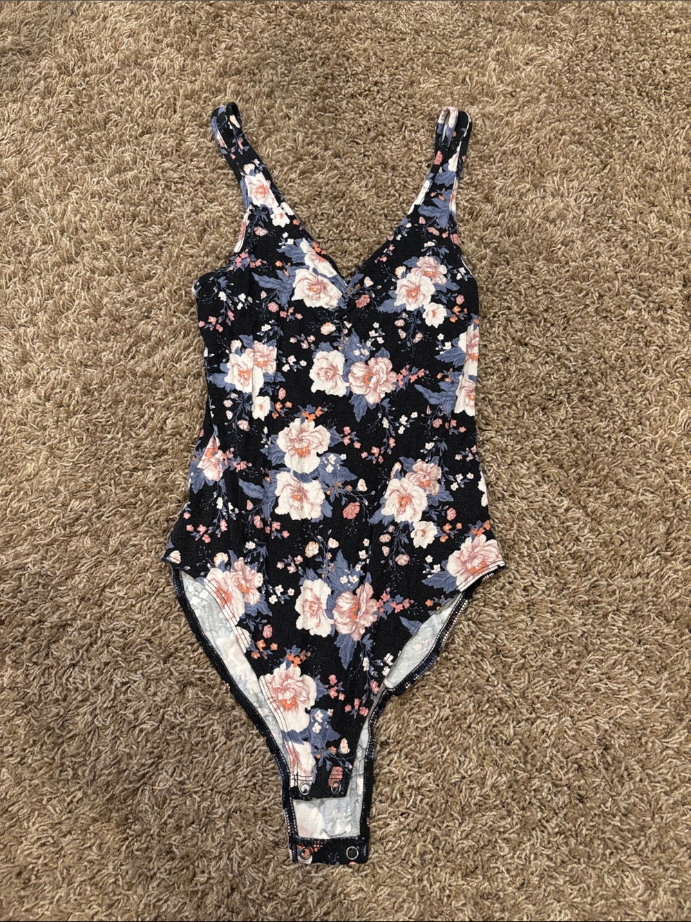 American Eagle Outfitters Black Floral Bodysuit with Pink and Cream Flowers